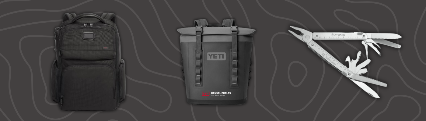 Co-branded TUMI Ballistic Backpack, YETI Hopper M12 Soft Cooler, and Victorinox SwissTool Spirit X displayed together.