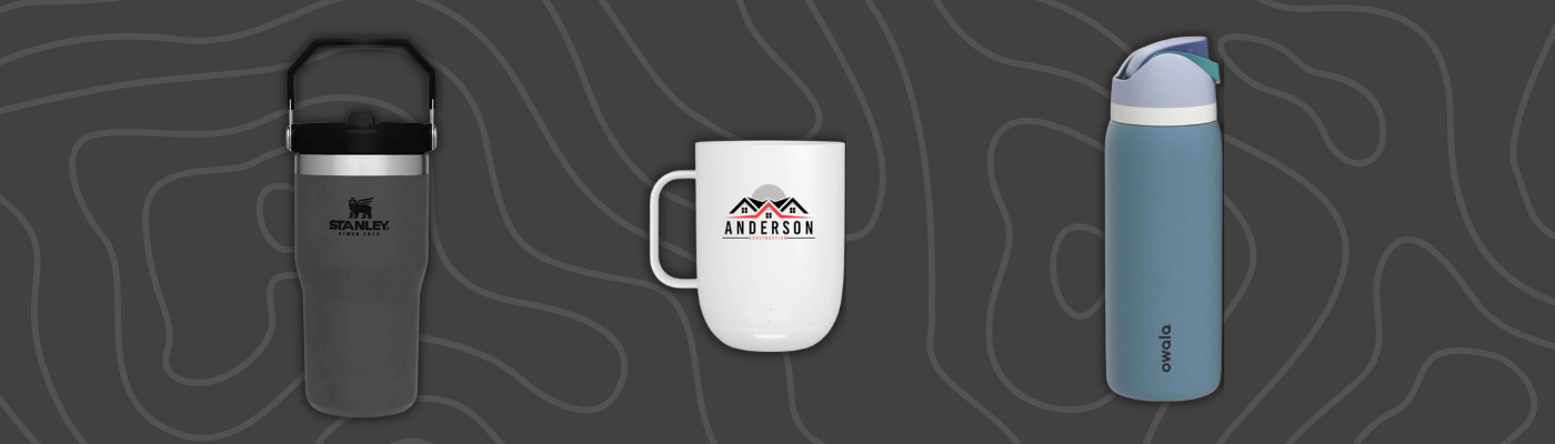 Stanley 20 oz IceFlow Tumbler, Ember 14 oz Mug² Custom Logo, and Owala 32 oz FreeSip Bottle on a dark background.