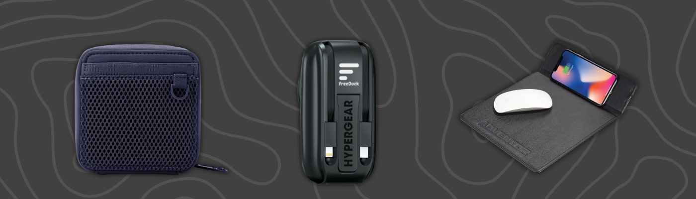 Co-branded Dagne Dover Arlo Tech Organizer, Wireless Charging Mouse Pad, and HyperGear Magnetic Fast Charge Power Bank as corporate holiday gifts.