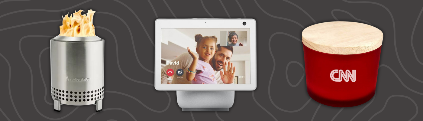 Co-branded Solo Stove Mesa Fire Pit, Three Wick Custom Candle, and Amazon Echo Show 10 shown as corporate holiday gifts.