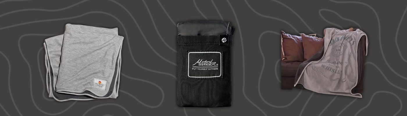Cobblestone Mills Newcastle Sherpa Blanket, Matador Pocket Blanket 3.0, and Marine Layer Custom Blanket displayed together