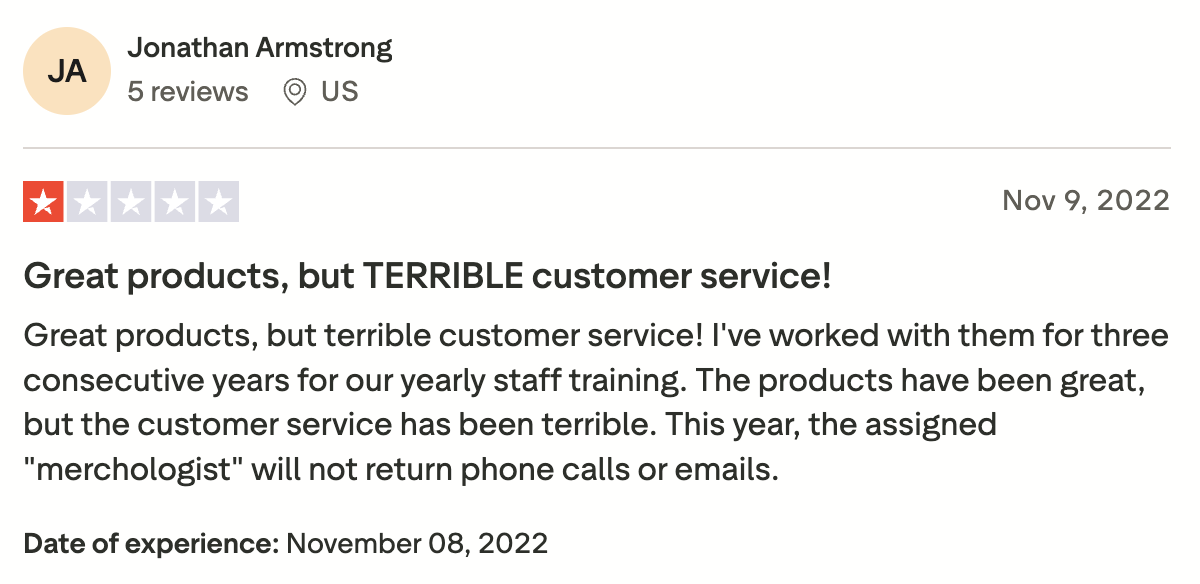 TrustPilot4 A screenshot of a negative Merchology review by a customer named Jonathan Armstrong on Trustpilot.
