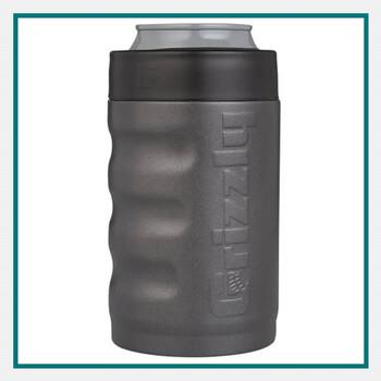 Grizzly 12 oz Grip Can in grey, designed for conference swag use, displayed upright against a neutral background.