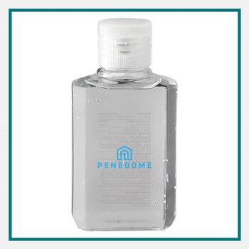2 Oz Hand Sanitizer: clear plastic bottle with flip-top cap and custom logo.