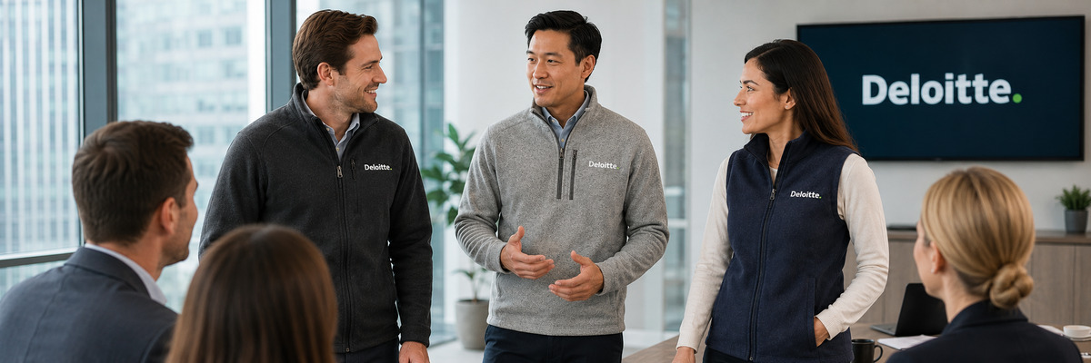 Patagonia corporate apparel worn by professionals in a modern office meeting, featuring three team members in Deloitte-branded fleece jackets and a vest while speaking with seated colleagues, with the Deloitte logo displayed on a screen in the background.