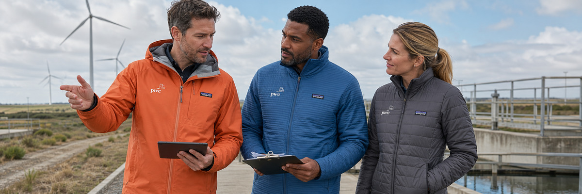 Patagonia corporate apparel worn by a field and outdoor team, featuring an orange Patagonia Men's Torrentshell 3L Jacket alongside two PwC-branded blue and grey Patagonia Nano Puff jackets, as the team reviews a tablet and clipboard at a wind energy site with turbines in the background.