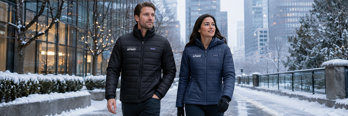 Patagonia corporate apparel worn by two professionals walking through a snowy city setting, featuring a KPMG-logo-branded Patagonia Men's Down Sweater Jacket and a KPMG-logo-branded Patagonia Ladies' Nano Puff Hoody.