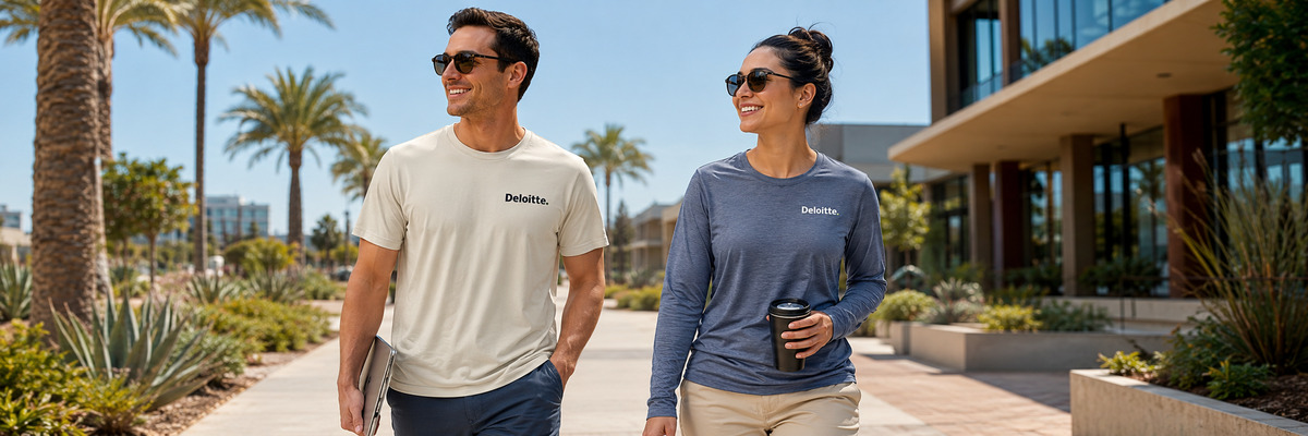 Patagonia corporate apparel worn by two professionals walking through a sunny, palm-lined business campus, featuring a Deloitte-logo-branded Patagonia Men's Capilene Cool Daily Shirt and Patagonia Ladies' Long-Sleeved Capilene Cool Daily Shirt.
