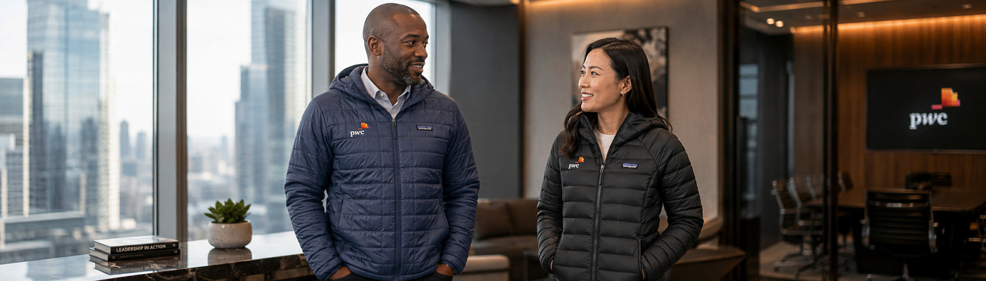 Patagonia corporate apparel worn by two professionals in a modern executive office, featuring a PwC-logo-branded Patagonia Men's Nano Puff Hoody and Patagonia Ladies' Down Sweater Hoody, with the PwC logo displayed in the background.