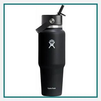 Black Hydro Flask® 32 Oz. Wide Mouth Travel Bottle with Flex Straw Cap golf promotional item with logo shown upright on a white background, highlighting its powder-coated finish, wide mouth opening, and integrated flex straw cap.