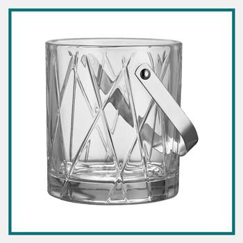 Elegant crystal ice bucket with etched geometric design and a sleek metal handle from ORREFORS.