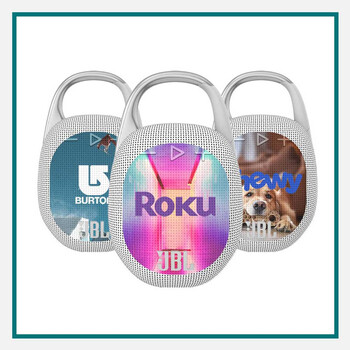 JBL® Clip 5 Corporate Edition Bluetooth® speakers with custom branding for Roku, Burton, and Chewy.