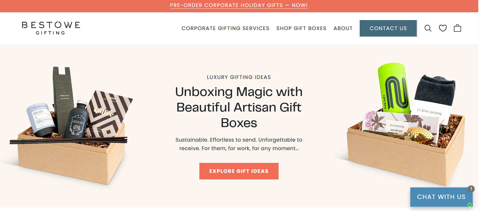 The screenshot of the hero section of Bestowe Gifting. one of the popular luxury corporate gifting companies in 2025.