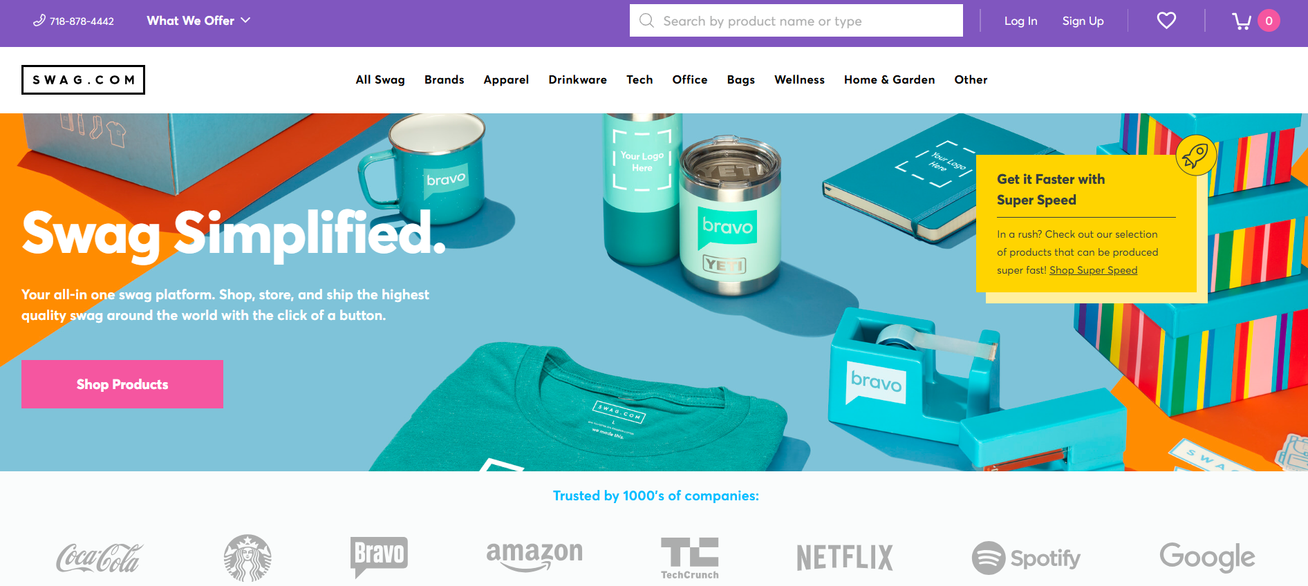 Screenshot of the hero section of Swag.com's website.