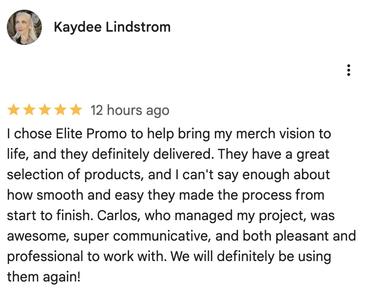 Screenshot of an overwhelmingly positive customer review about ELITE PROMO INC (EPI). The customer name is Kaydee Lindstorm.