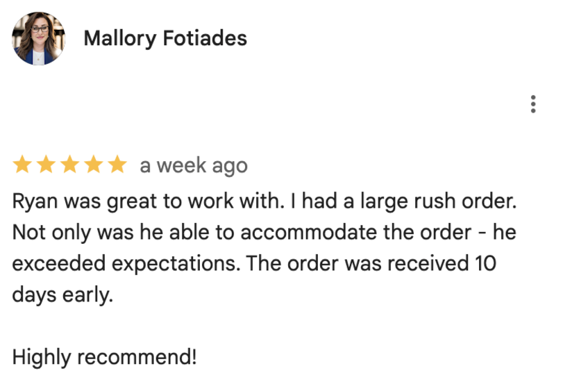 Google Reviews a screenshot of an overwhelmingly positive review about ELITE PROMO INC by Mallory Fotiades. EPI is one of the top 4imprint competitors
