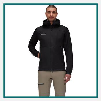  Man wearing the MAMMUT® Men's Ultimate VII SO Softshell Hooded Jacket, ideal for outdoor conference swag with weather-resistant design.