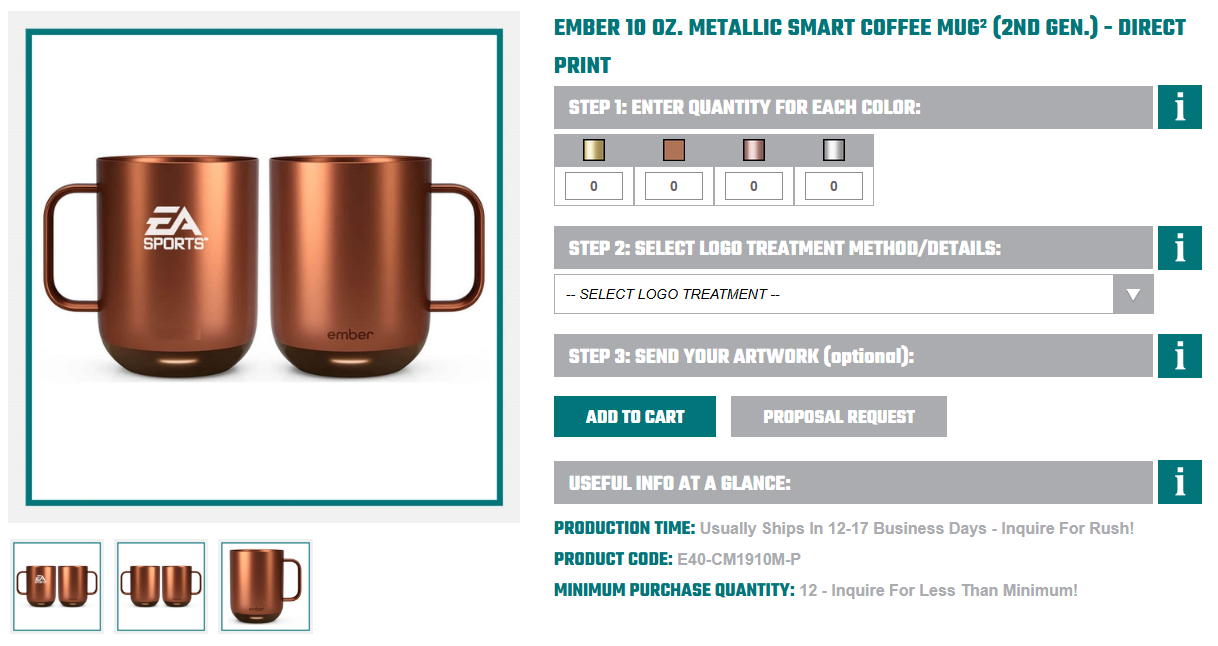 Copper Ember 10 oz metallic smart coffee mugs, 2nd generation, with EA Sports logo, shown as New Year Gifts for Employees on a product page.