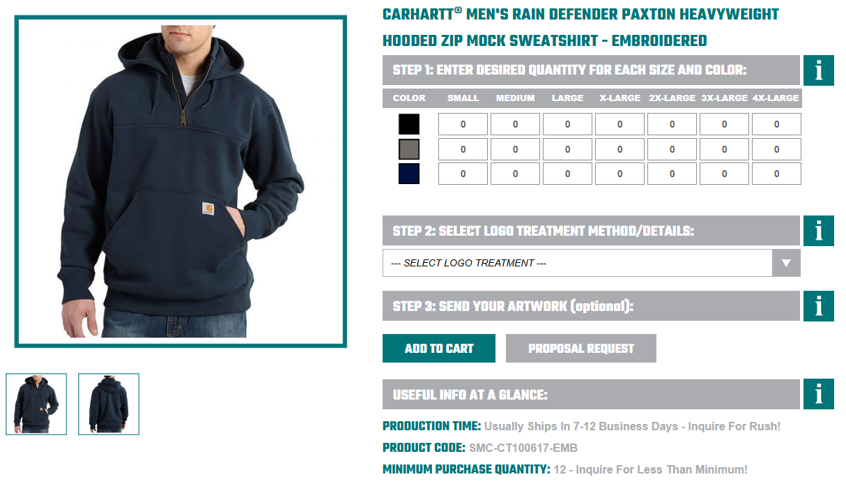 Navy Carhartt men&rsquo;s Rain Defender heavyweight hooded zip mock sweatshirt with front pocket, shown as New Year Gifts for Employees.