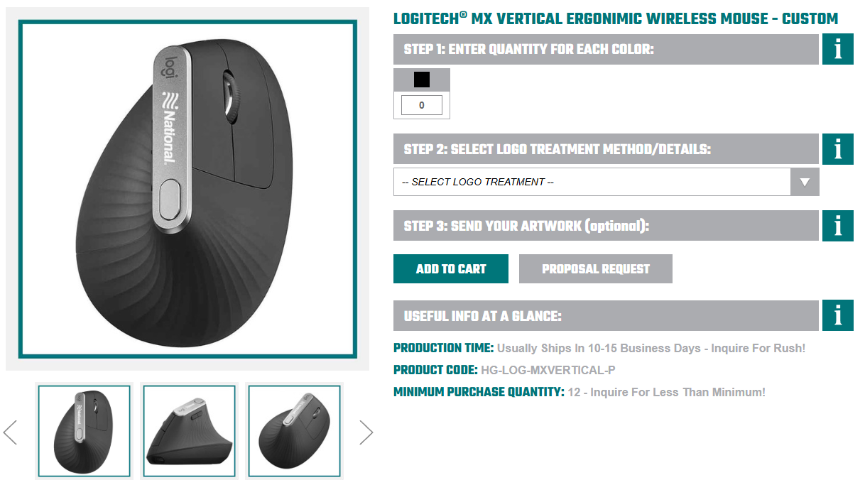 Dark gray Logitech MX vertical ergonomic wireless mouse with sculpted grip and side buttons, displayed on a product page.