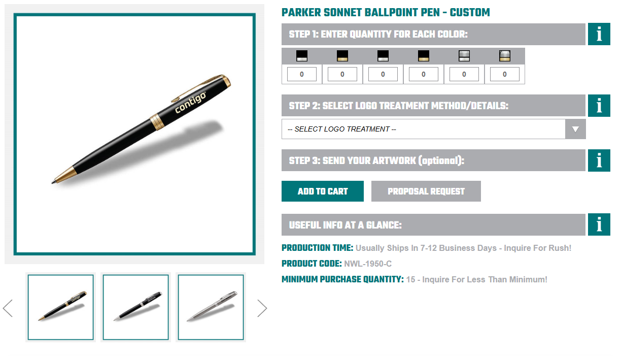 Black Parker Sonnet ballpoint pen with gold trim and engraved branding, displayed diagonally on a clean white product page.