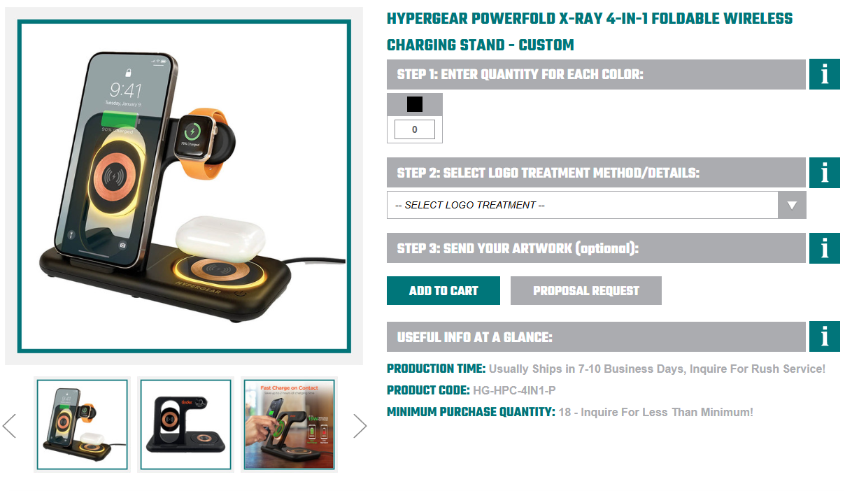 Foldable HyperGear wireless charging stand holding a smartphone, smartwatch, and earbuds, shown as New Year Gifts for Employees on a product page.