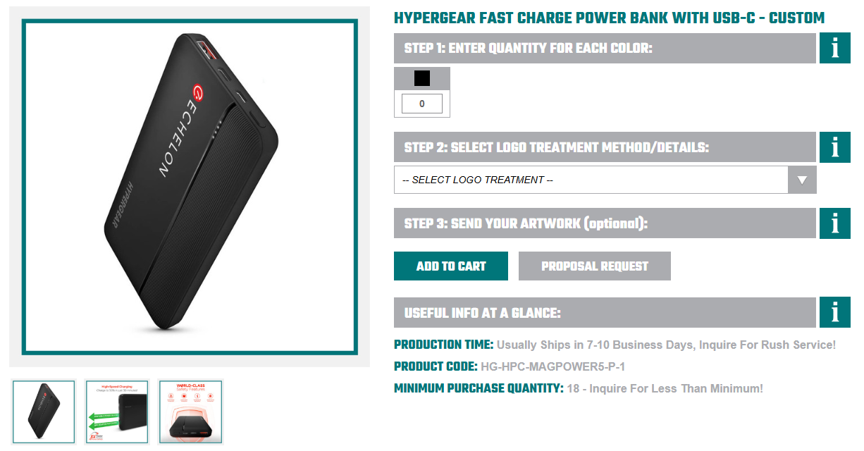 Black HyperGear fast charge power bank with USB-C port and co-branded, shown as New Year Gifts for Employees on a product page.