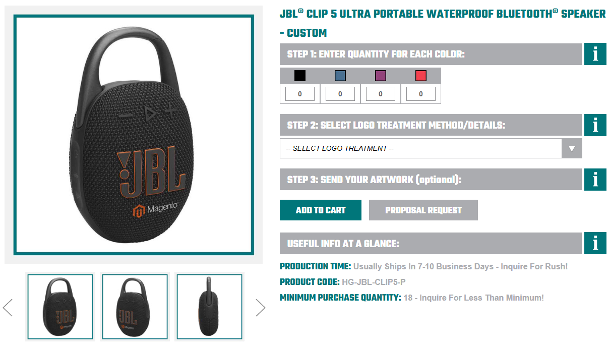 Black JBL Clip 5 portable, waterproof Bluetooth speaker with a built-in carabiner and co-branded design, shown as a New Year Gift for Employees.