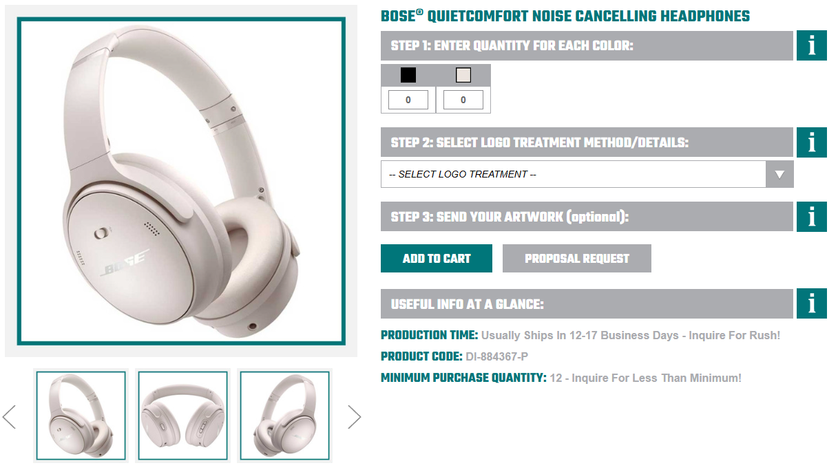 White Bose QuietComfort noise-cancelling headphones shown at an angle with padded ear cups and headband on a product page.