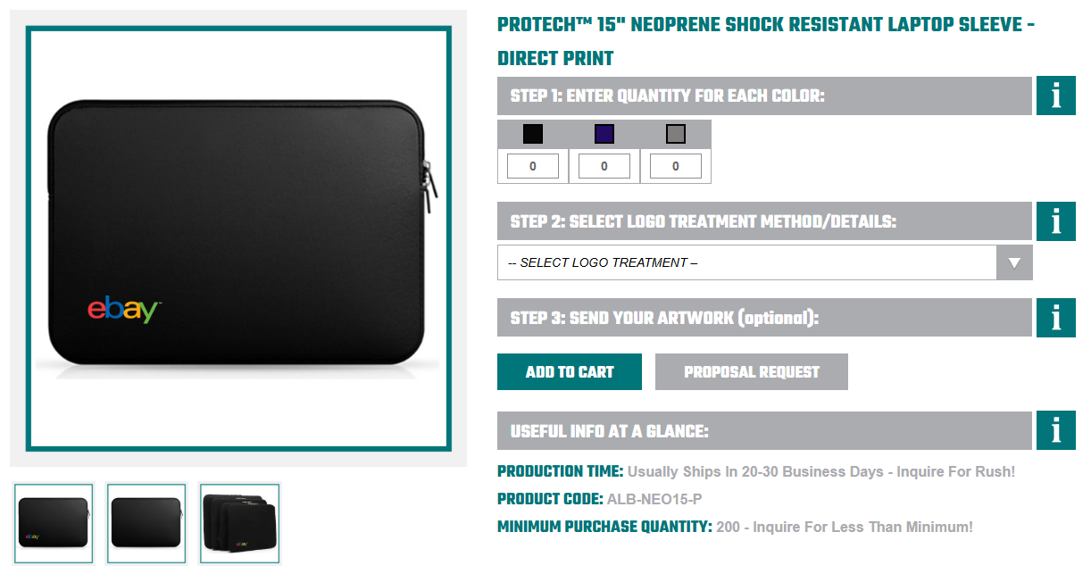 Black ProTech 15-inch neoprene laptop sleeve with shock-resistant padding and eBay logo on the front, displayed on a product page.