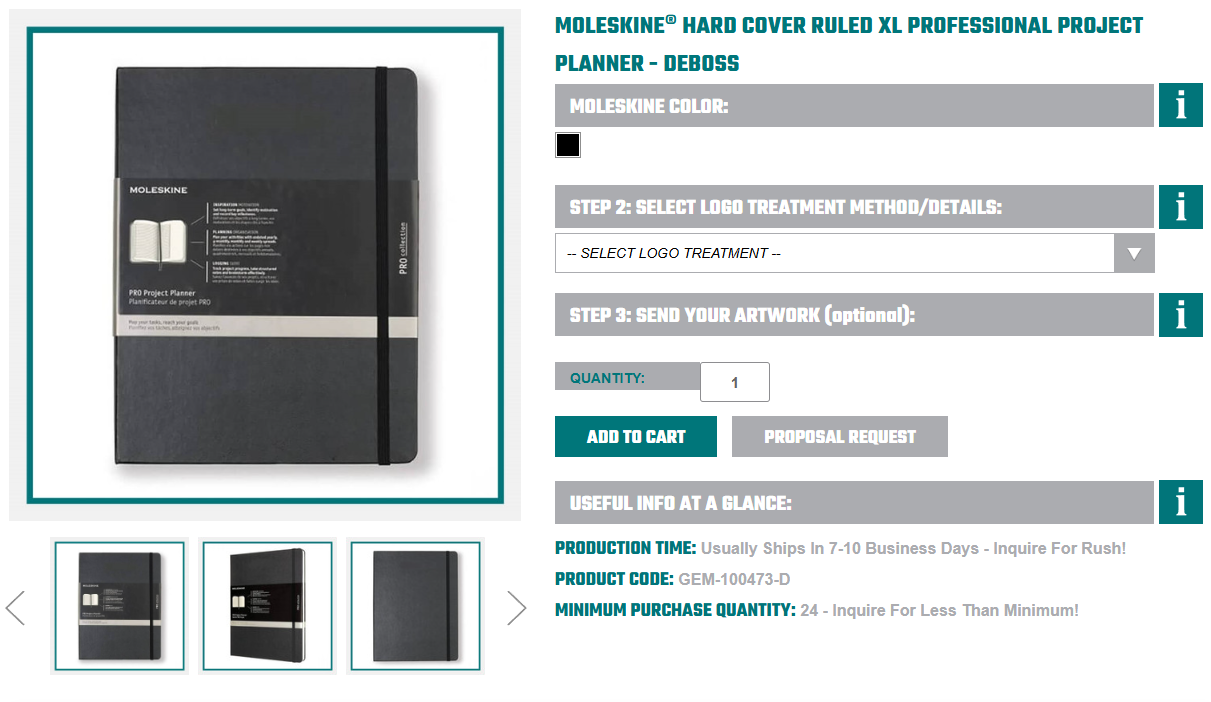 Black Moleskine hard cover ruled XL professional project planner with elastic closure, shown as New Year Gifts for Employees on a product page.