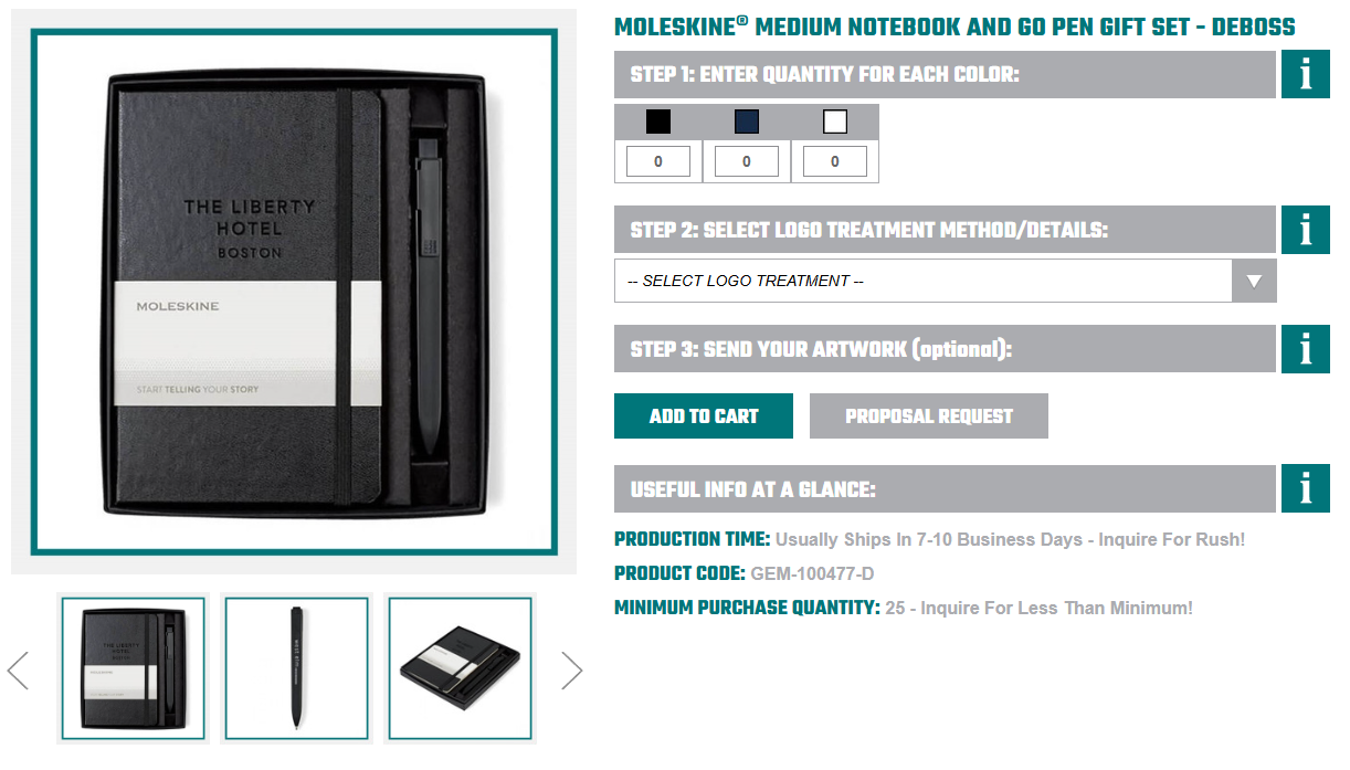 Black Moleskine medium notebook and Go pen gift set with elastic closure and debossed cover, neatly presented in a box on a product page.
