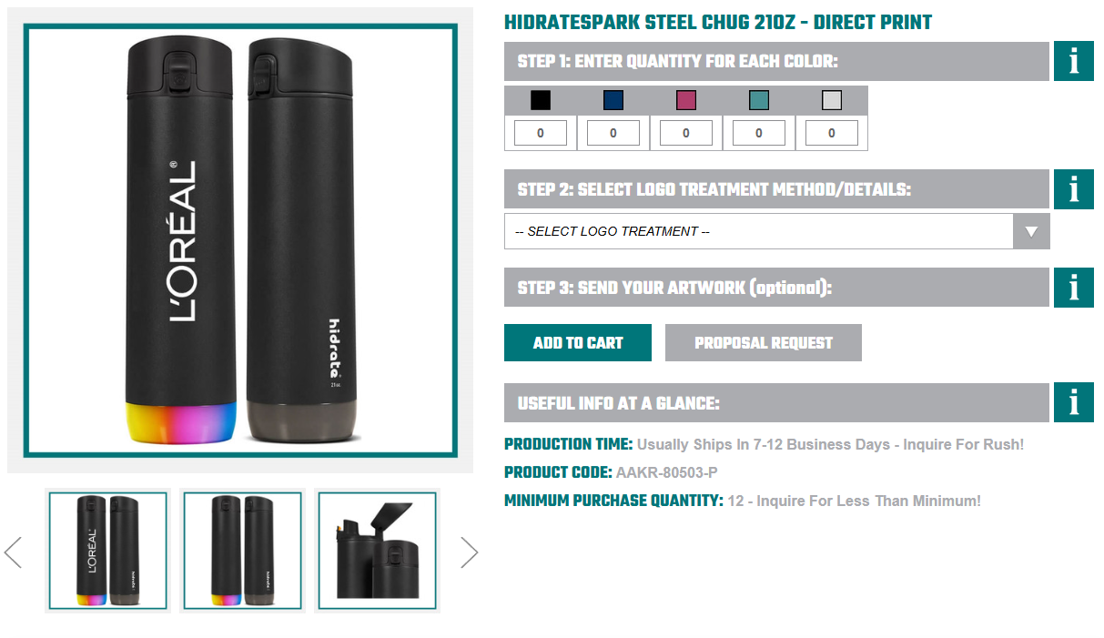 Black HidrateSpark steel chug water bottles with L&rsquo;Or&eacute;al branding, shown as New Year Gifts for Employees on a product display page.