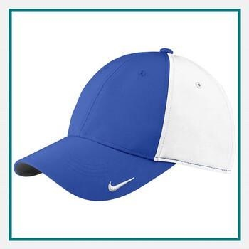 Blue and white Nike Dri-FIT Legacy golf promotional item with logo cap featuring a curved brim, mesh panels, and embroidered Nike swoosh shown against a plain background.
