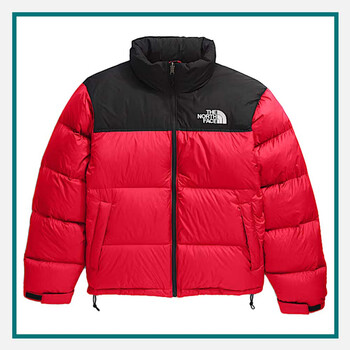 Red and black The North Face Men’s 1996 Retro Nuptse insulated puffer jacket with zip‑front and high collar, work anniversary gifts.