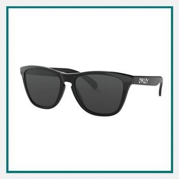  Oakley® Frogskins sunglasses golf promotional item with logo shown against a white background, featuring black frames, mirrored lenses, and the Oakley logo on the temple.