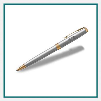 Grey and golden Parker Sonnet Rollerball Pen placed diagonally on a white surface.