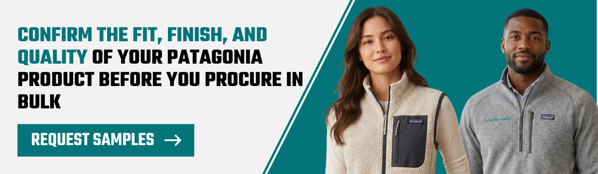 Patagonia bulk procurement guide banner featuring two models wearing Patagonia fleece apparel against a teal and white background, with text encouraging buyers to confirm product fit, finish, and quality before bulk procurement and a “Request Samples” call-to-action.