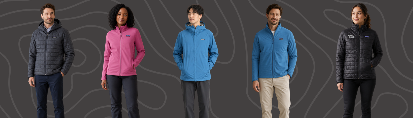 Five models wearing Patagonia jackets and outerwear in black, pink, and blue, set against a dark grey patterned background.