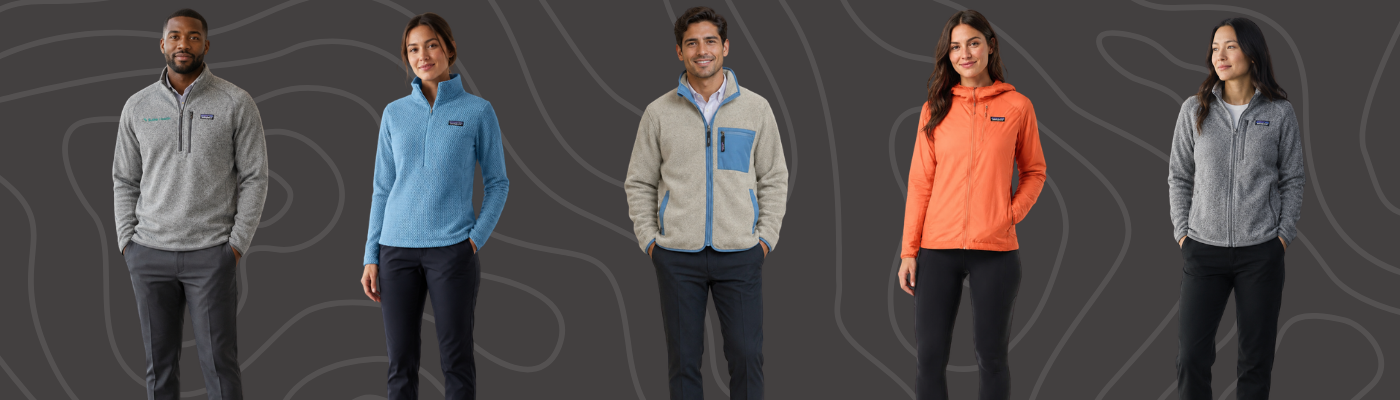 Five models wearing Patagonia fleece jackets and pullovers in grey, blue, beige, orange, and charcoal tones, set against a dark grey patterned background.