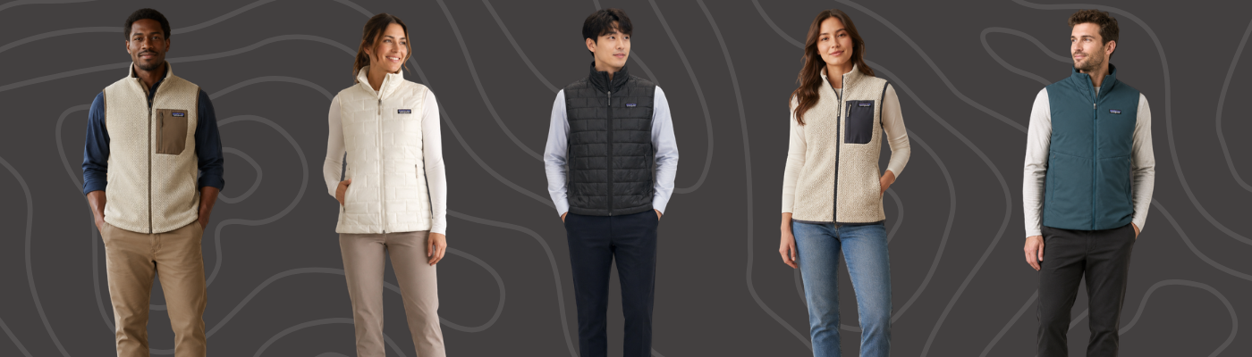 Patagonia bulk procurement guide featuring five models wearing Patagonia insulated and fleece vests in neutral, black, white, and teal tones, set against a dark grey patterned background.