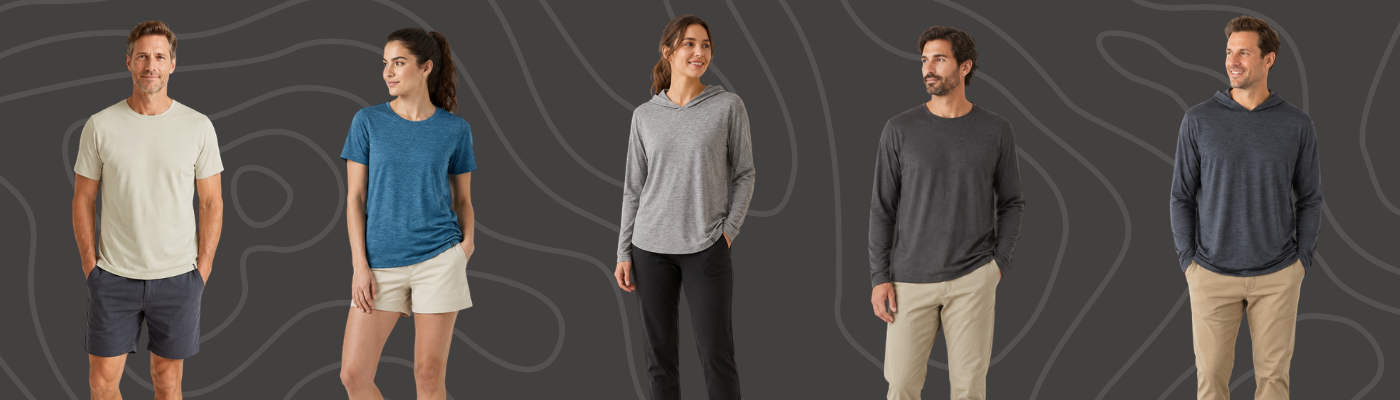 Five models wearing Patagonia Capilene apparel, including T-shirts, long-sleeve tops, hoodies, shorts, and trousers, set against a dark grey patterned background.
