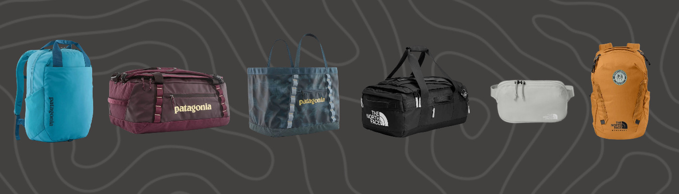 Three custom Patagonia bags and three custom The North Face bags shown on a black-patterned background