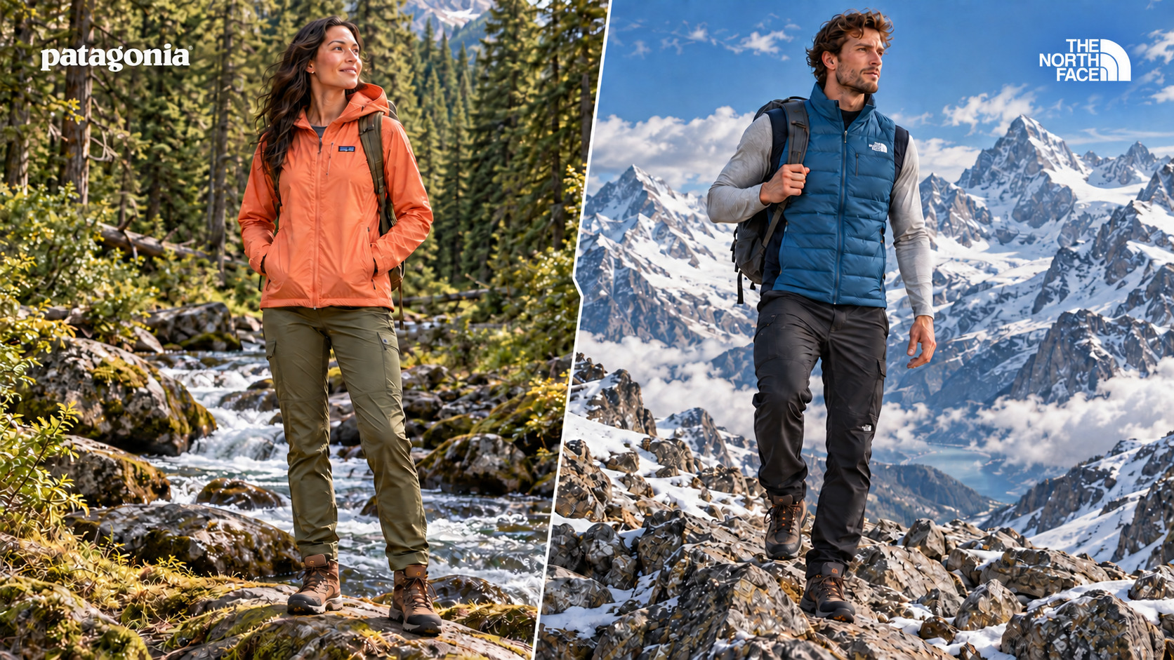 a woman wearing a Patagonia jacket and standing amidst a forest on the left-hand side, and a man wearing a The North Face vest and trekking on the right-hand side