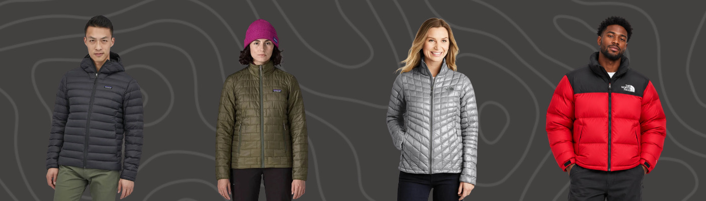 Two custom Patagonia jackets and two custom The North Face jackets shown on a black-patterned background