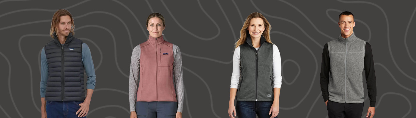 Two custom Patagonia vests and two custom The North Face vests shown on a black-patterned background