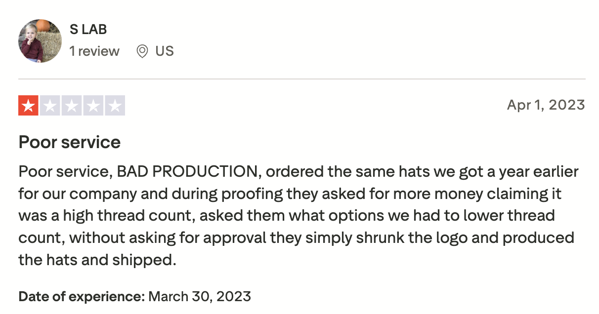 TrustPilot5 A screenshot of a negative Merchology review by a customer named S LAB on Trustpilot.