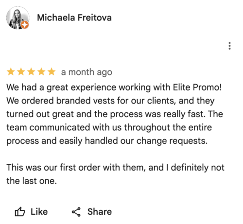 Google Review a screenshot of an overwhelmingly positive review about ELITE PROMO INC by a repeat customer.