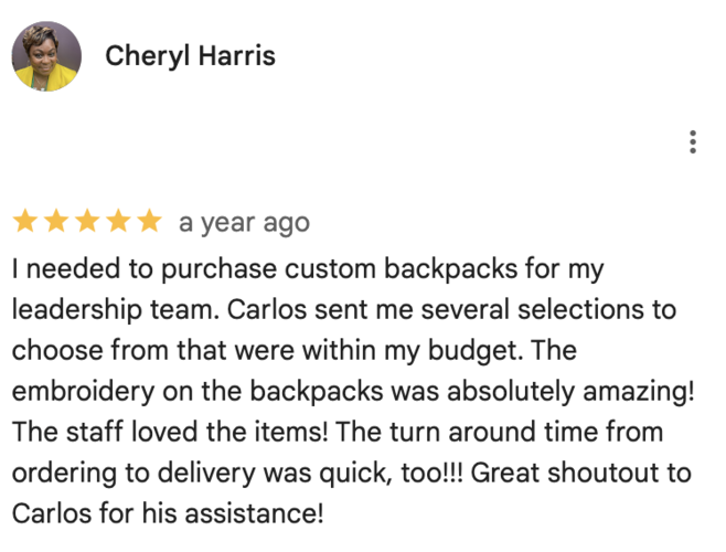 Google Reviews a screenshot of a positive review of a customer about ELITE PROMO INC. The reviewer's name is Cheryl Harris, and she is very happy with ELITE PROMO INC.