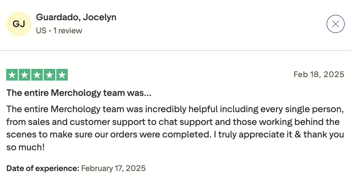 TrustPilot A screenshot of a positive Merchology review by a customer on Trustpilot.
